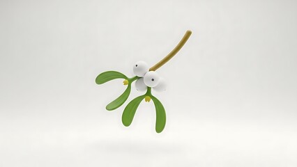 A minimalist 3D rendering of a mistletoe sprig with white berries and green leaves on a clean white background.