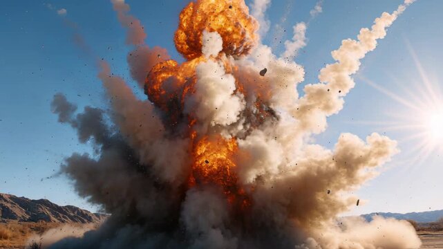 A powerful explosion erupts in a dry, rocky landscape under a clear blue sky.