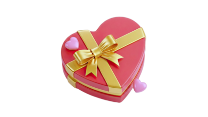 Heart-shaped gift box with golden ribbon and pink hearts