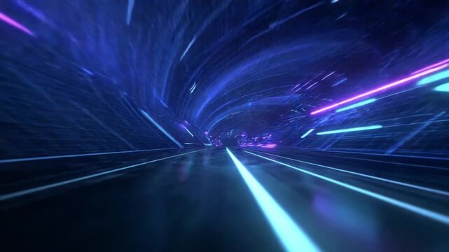 Tunnel of Technology: A captivating digital depiction showcasing a neon-lit tunnel, symbolizing the flow of data and technology, where the pathways of the digital universe meet.