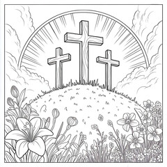 Three Crosses on a Hill: Vintage Line Art Illustration with Roses and Lilies in a Spring Landscape for Easter and Christian Faith
