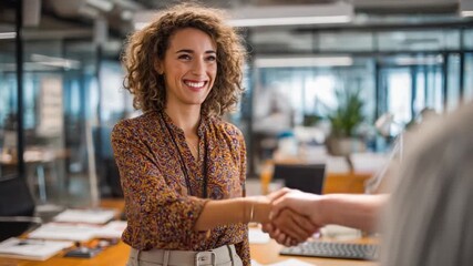 The Business Handshake: A professional woman extends a welcoming handshake to a colleague in a modern, collaborative office setting, emphasizing partnership, trust and a positive start.