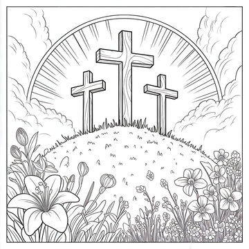 Three Crosses on a Hill: Vintage Line Art Illustration with Roses and Lilies in a Spring Landscape for Easter and Christian Faith