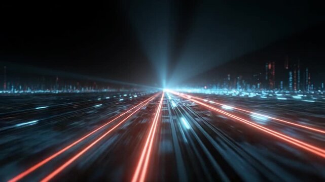 Cyber Highway: A futuristic digital highway, illuminated by glowing lines and beams of light, suggesting rapid data transfer and advanced technology.