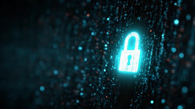 Digital Fortress: A radiant padlock, the symbol of security, glows brightly amidst a mesmerizing matrix of digital data, guarding the secrets of the cyber realm.