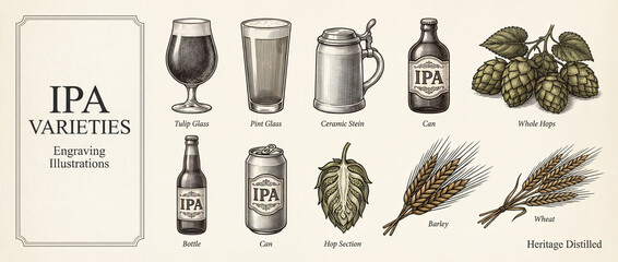 Engraved illustrations showcasing IPA varieties with detailed depictions of beer glasses and ingredients