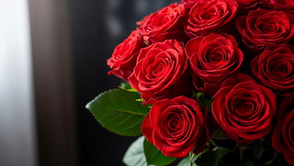 Obraz premium Bouquet of red roses for valentine, fresh flowers close up, romantic mood, natural light, dark elegant background, shallow depth of field, premium stock photo, no people, no text seven