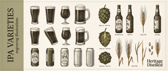 Engraved collection of IPA varieties showcasing different styles and elements of brewing creativity