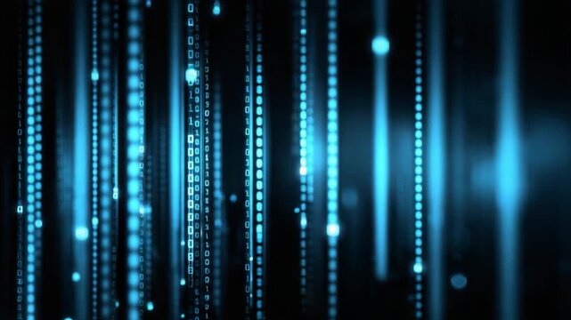 Digital Data Streams: Capturing the essence of a digital world, a vibrant cascade of blue lights weaves across a dark background, representing data flow, and technological progress.