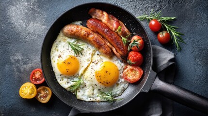 Two fried eggs sit in a frying pan with sausage links and strips of bacon. Cherry tomatoes add color to the scene. Fresh herbs complete the dish on a dark countertop.