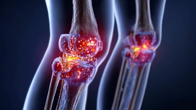Osteoarthritis: A detailed medical illustration highlights the effects of osteoarthritis, with a close-up view of inflamed knee joints. 