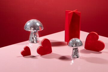 Red Hearts and Mirrored Disco Ball Mushrooms, Valentine's Day Concept