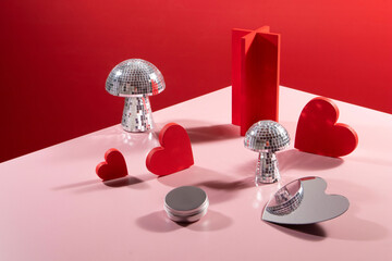 Shimmering Disco Mushrooms and Red Hearts Background, retro decor.