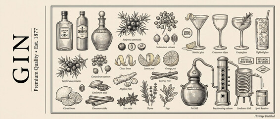 Discovering the elegant world of premium engraved gin collection with botanical elements and vintage design