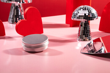 Red Hearts and Mirrored Disco Ball Mushrooms, Valentine's Day Concept