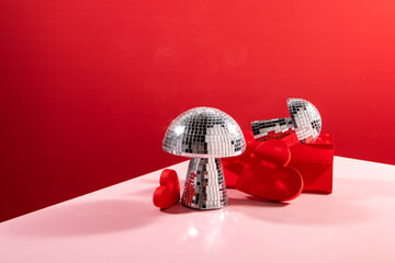 Red Hearts and Mirrored Disco Ball Mushrooms, Valentine's Day Concept