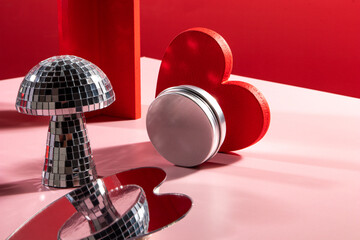 Red Hearts and Mirrored Disco Ball Mushrooms, Valentine's Day Concept