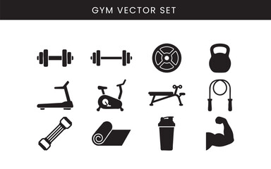 Gym and Fitness Icons. Vector Workout Equipment Silhouette Set.
