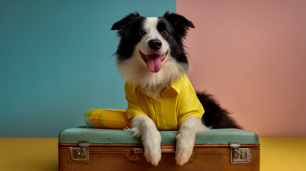 Photo of a happy border collie dog wearing a yellow shirt and swimming ring, sitting next to a large travel suitcase against a pastel background, in a minimalist style