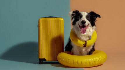 Photo of a happy border collie dog wearing a yellow shirt and swimming ring, sitting next to a large travel suitcase against a pastel background, in a minimalist style