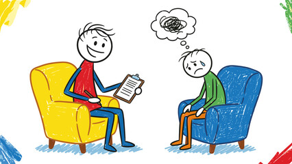 Therapy session stick figure drawing Compassionate counselor guides individual through emotional distress, promoting mental health and well-being