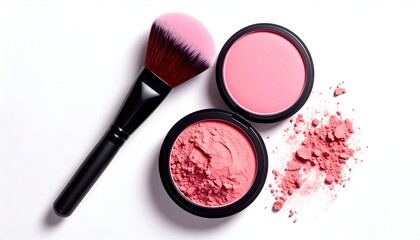 Makeup essentials blush compacts, loose powder, and fluffy pink brush on white background