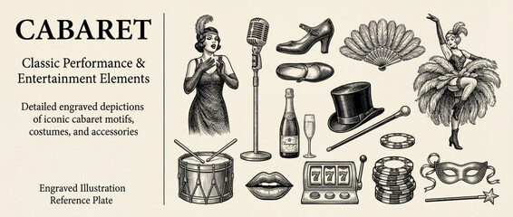 Engraved collection celebrating the vibrancy of cabaret performances and accessories with detailed illustrations