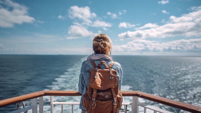 Voyager's Serenity on the Horizon: A solo female traveler, backpack in tow, gazes out at the vast ocean from a ship's deck, enveloped by the tranquility of the sea and sky.