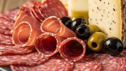 A delicious arrangement of cured meats and cheese with olives on a platter