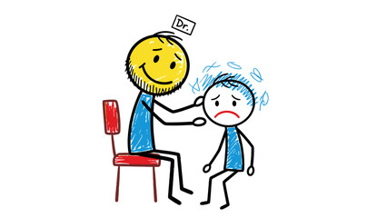 Illustration of a caring doctor reassuring a distressed child patient in a medical setting