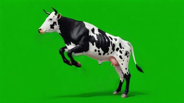 Animated cow walking on green screen with black and white spots