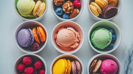 a delightful symphony of miniature desserts and colorful treats arranged in pristine white bowls, presenting a visually appealing confectionery still life