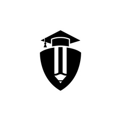 education logo with pencil and graduation cap icon in shield vector design style