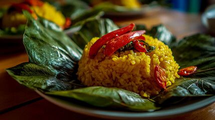 Photo of a plate with yellow rice, placed on top of large green leaves. The bright golden color and the presence of red chili peppers make it an attractive dish. Wide-angle lens, natural lighting