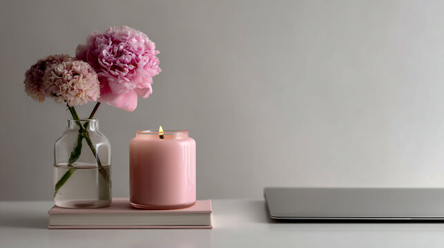 Photo of a pink candle and flower in vases next to an open laptop on a white background, a mockup template with copy space for text