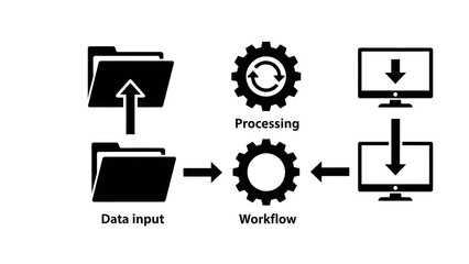 Data Input, Workflow Processing, and Output to Computer Icons Representing Data Management and Digital Systems