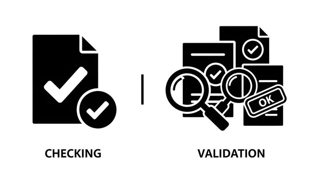 Comprehensive visual guide with black and white icons illustrating essential processes of document review, data verification, and system validation for quality assurance