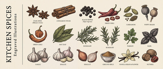 Obraz premium Engraved premium collection of vintage kitchen spices showcasing aromatic herbs and flavors