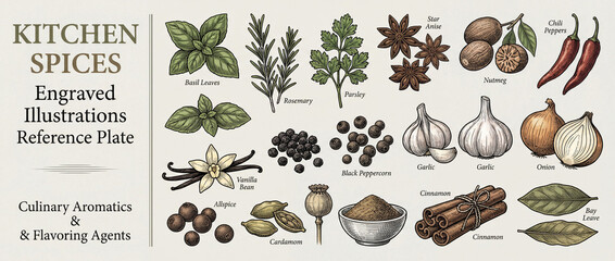 Discover the beauty of engraved illustrations in a vintage collection of kitchen spices showcasing premium culinary herbs and flavoring agents