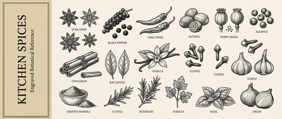 Obraz premium Exquisite collection of vintage engraved kitchen spices showcasing nature's flavors and aromas for culinary inspiration
