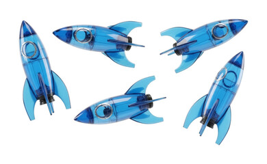Blue transparent rockets in various orientations, representing concepts of launch, progress, and achievement with a futuristic and playful aesthetic.