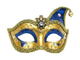 Elegant gold and blue masquerade mask adorned with sparkling jewels and pearls, featuring intricate patterns and a festive jester-like design.