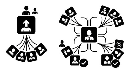 Conceptual illustration of teamwork and collaboration in a business setting with hierarchical structure and task delegation