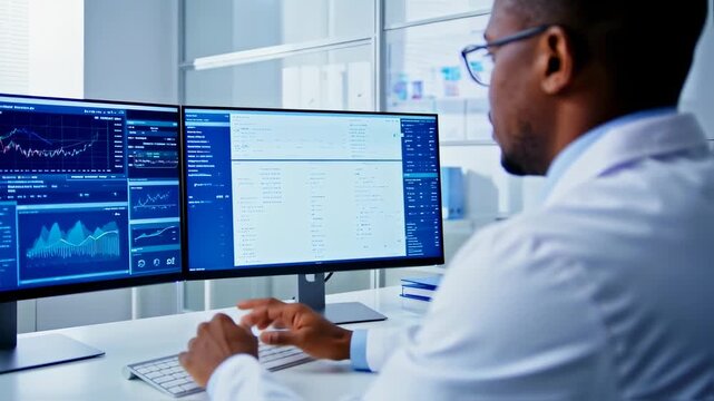 Scientist analyzing data on computer screens in a modern laboratory, conducting research and development, innovative technologies environment