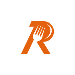 restaurant logo with letter R and fork in flat vector design style