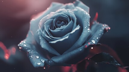 ethereal blue rose glistening with dewdrops, softly illuminated in a dark, romantic setting, evoking a sense of calm beauty and delicate fragility