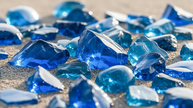 Blue glass shards scattered on sand broken glass sea glass