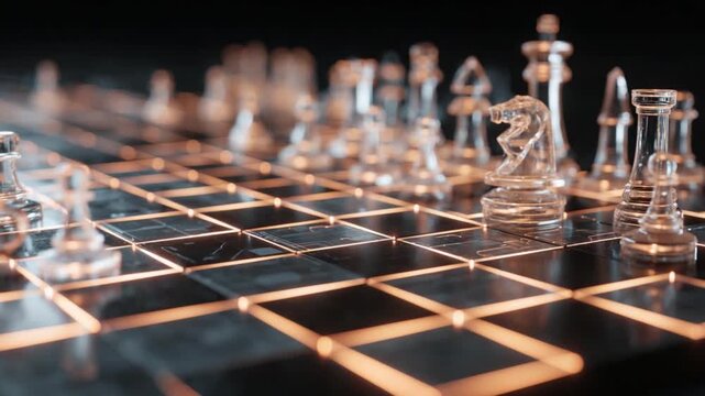 Strategic Mindscape: A chess set illuminated, highlighting the elegance and complexity of each move on the board, perfect for conveying strategic thinking.