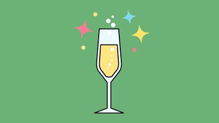 A festive champagne flute filled with bubbly yellow liquid, surrounded by sparkling stars and bubbles, on a solid green background.