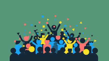 A vibrant illustration depicts a diverse group of people celebrating with confetti and abstract shapes against a green background.